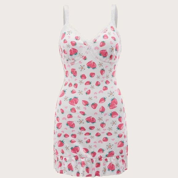 ROMWE Other - ❤️$♥️Strawberry Slip Dress Teddy Valentines Lace Trim sz  M or L
